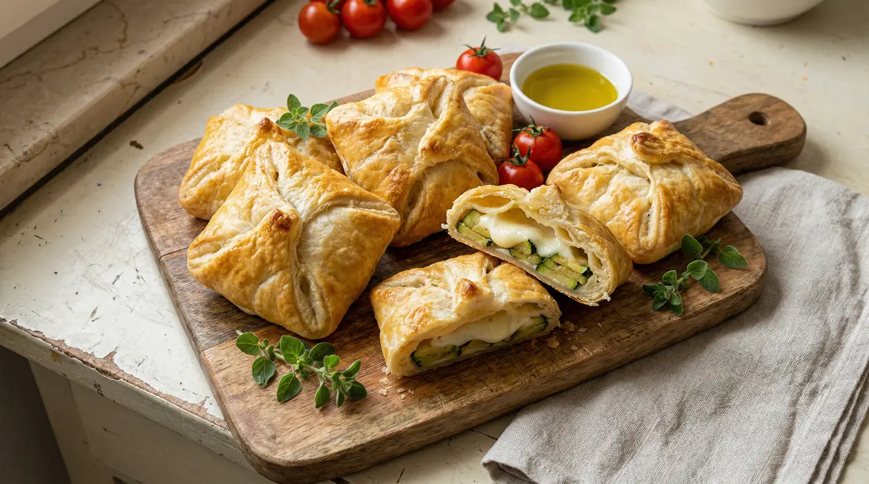Fagottini di pasta sfoglia con zucchine e scamorza su tagliere, uno aperto con ripieno filante