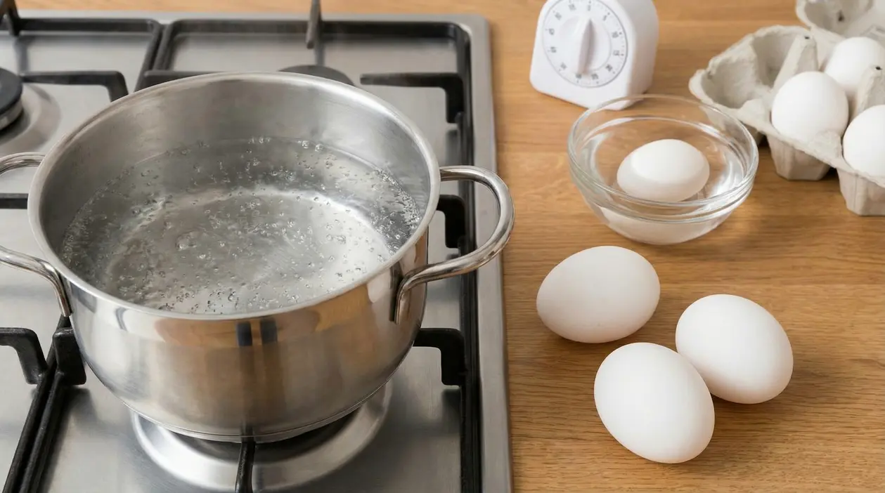 Uova crude vicino a una pentola d'acqua che bolle su un fornello