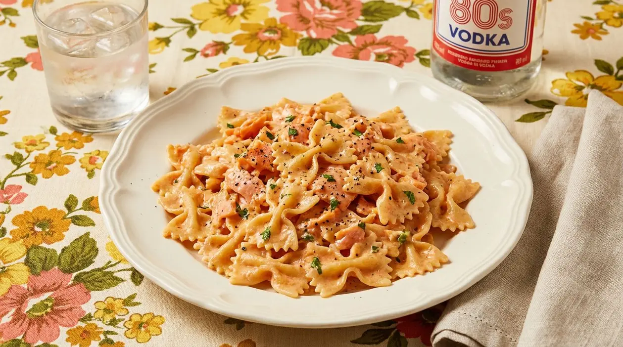 Piatto di farfalle al salmone affumicato con salsa cremosa e pepe nero, accompagnato da un bicchiere e una bottiglia di vodka