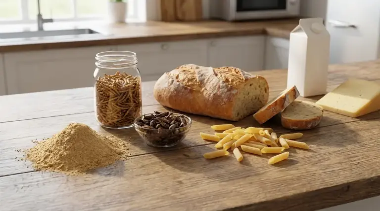 Farina di insetti accanto a pane, pasta, latte e formaggio su un tavolo da cucina