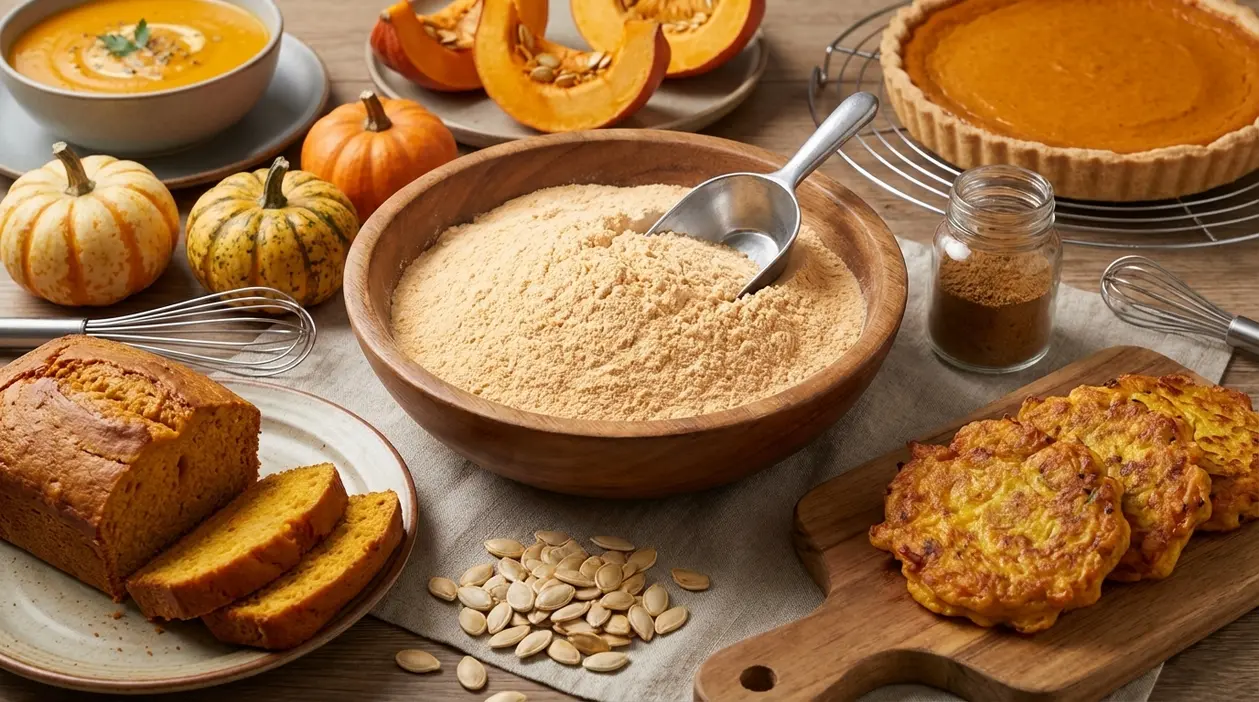 Ciotola di farina di zucca con cucchiaio, semi di zucca e ricette a base di zucca sul tavolo