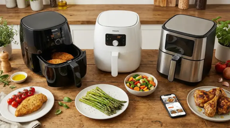 Tre friggitrici ad aria su un tavolo in cucina con piatti di pollo, verdure e asparagi pronti da cuocere