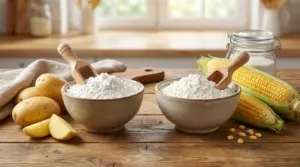 Ciotole di fecola di patate e amido di mais su tavolo in legno, con patate e pannocchie di mais accanto