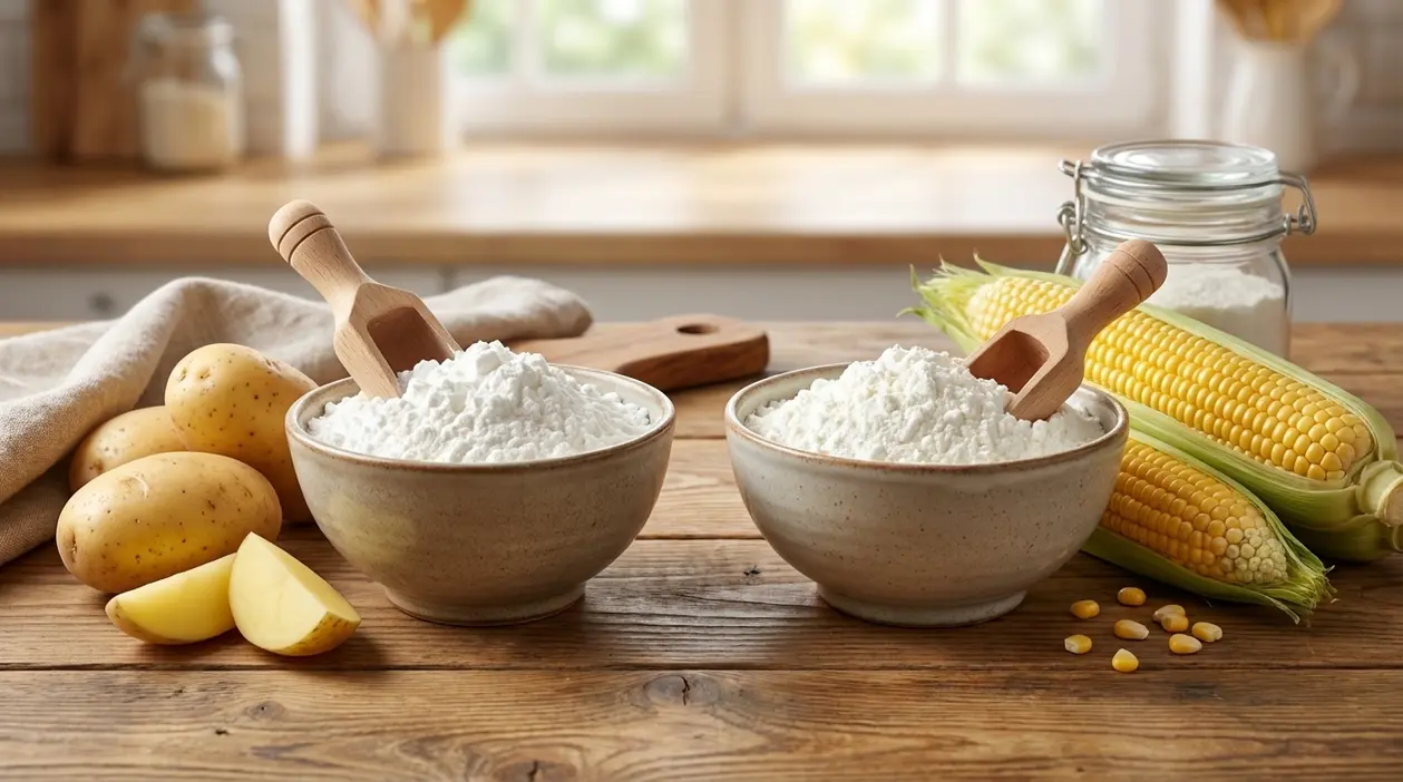 Ciotole di fecola di patate e amido di mais su tavolo in legno, con patate e pannocchie di mais accanto