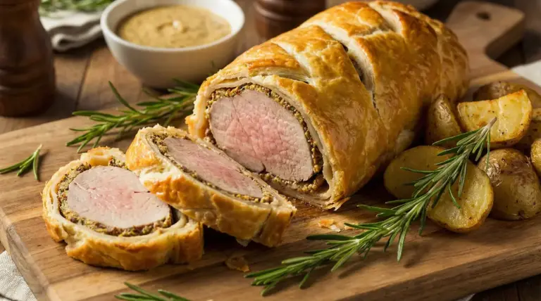 Filetto di maiale in crosta di pasta sfoglia con senape, servito con patate arrosto e rosmarino