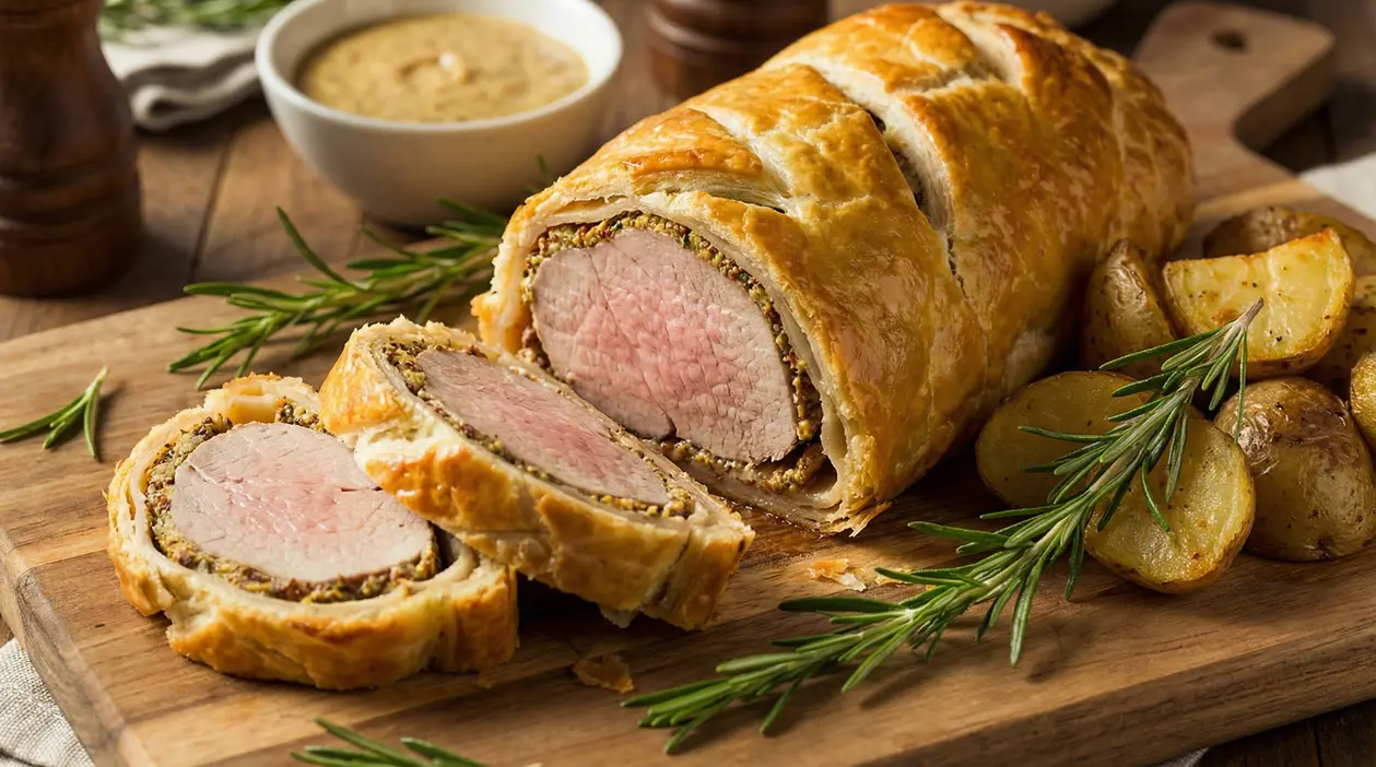 Filetto di maiale in crosta di pasta sfoglia con senape, servito con patate arrosto e rosmarino