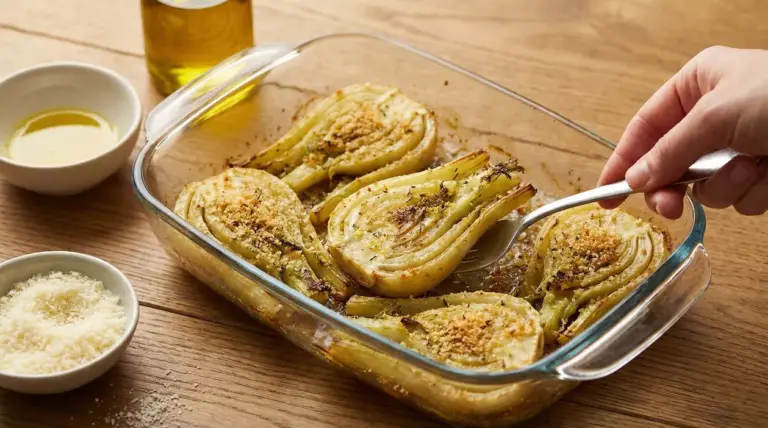 Pirofila con finocchi al forno gratinati, con pangrattato e formaggio, serviti con un cucchiaio