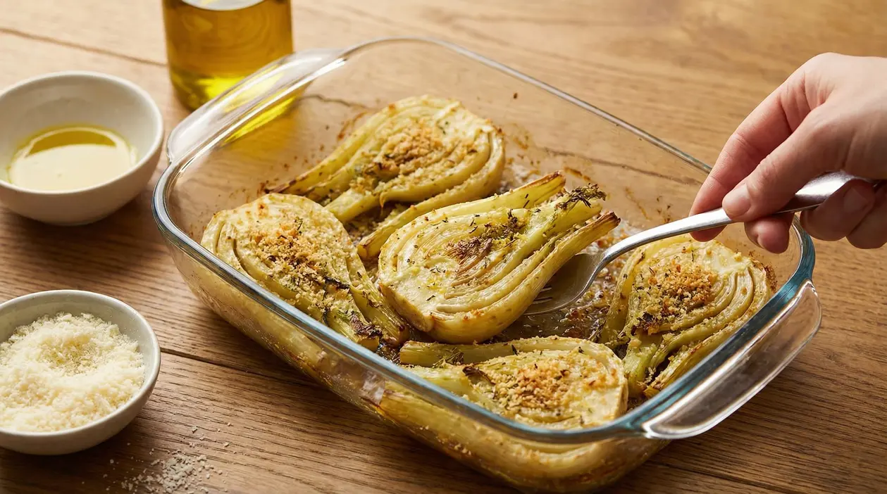 Pirofila con finocchi al forno gratinati, con pangrattato e formaggio, serviti con un cucchiaio