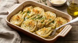 Finocchi al forno gratinati con formaggio e pangrattato in una pirofila di ceramica