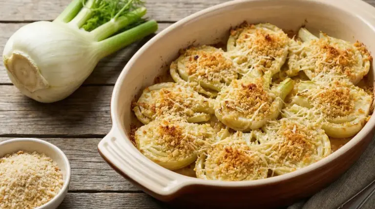 Finocchi gratinati con pangrattato in una pirofila su un tavolo di legno