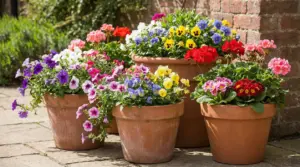 Grandi vasi di terracotta con fiori colorati in un giardino soleggiato