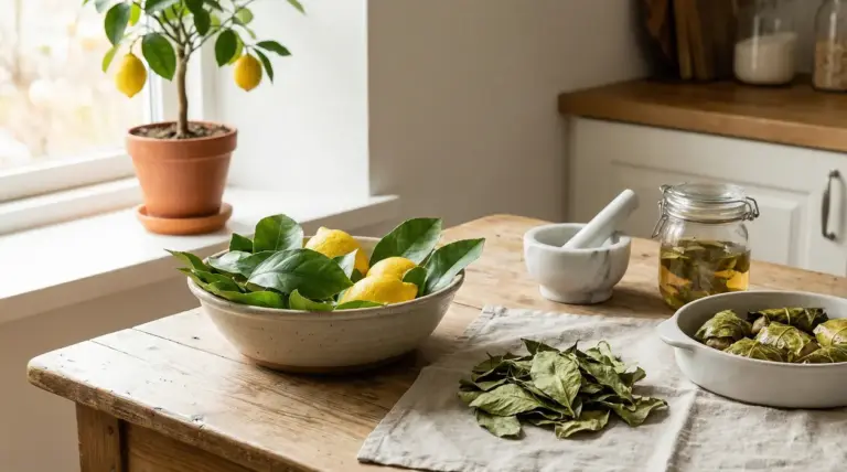 Foglie di limone fresche e secche in cucina, con limoni, mortaio e barattolo di infuso su tavolo di legno