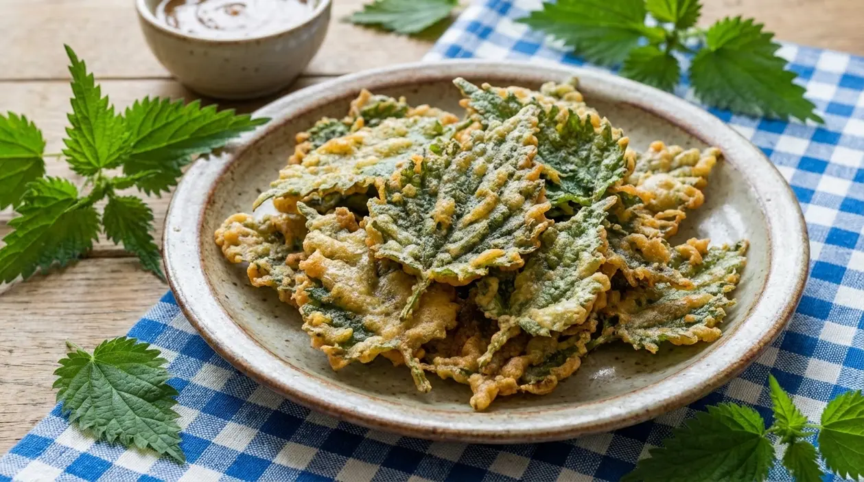 Foglie di ortica fritte in pastella servite in un piatto rustico su tovaglia a quadretti blu