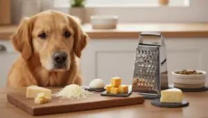 Cane vicino a vari tipi di formaggio su un tavolo da cucina