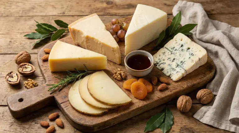 Selezione di formaggi stagionati su tagliere con frutta secca, miele e erbe aromatiche