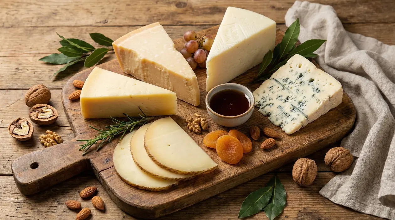 Selezione di formaggi stagionati su tagliere con frutta secca, miele e erbe aromatiche