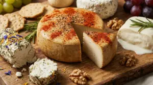 Assortimento di formaggi vegani su tagliere, con forma stagionata a spicchio, erbe, noci e pane