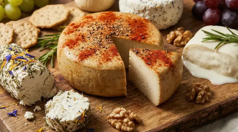 Assortimento di formaggi vegani su tagliere, con forma stagionata a spicchio, erbe, noci e pane