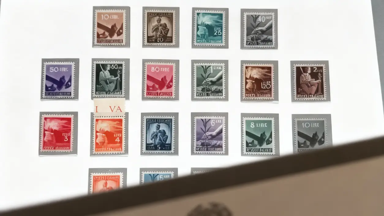 Francobolli della serie Repubblica Italiana 1948 'Democratica' disposti su sfondo bianco