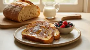 Fette di pane dorate con sciroppo e zucchero a velo servite con frutti di bosco e latte