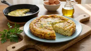 Frittata alta e soffice con prezzemolo su un piatto, accanto a una padella e ingredienti freschi
