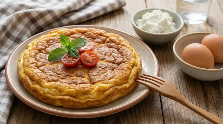 Frittata soffice servita con pomodorini, uova e ricotta su tavolo rustico