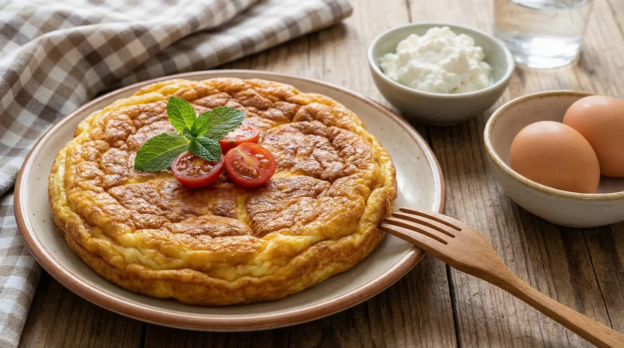 Frittata soffice servita con pomodorini, uova e ricotta su tavolo rustico