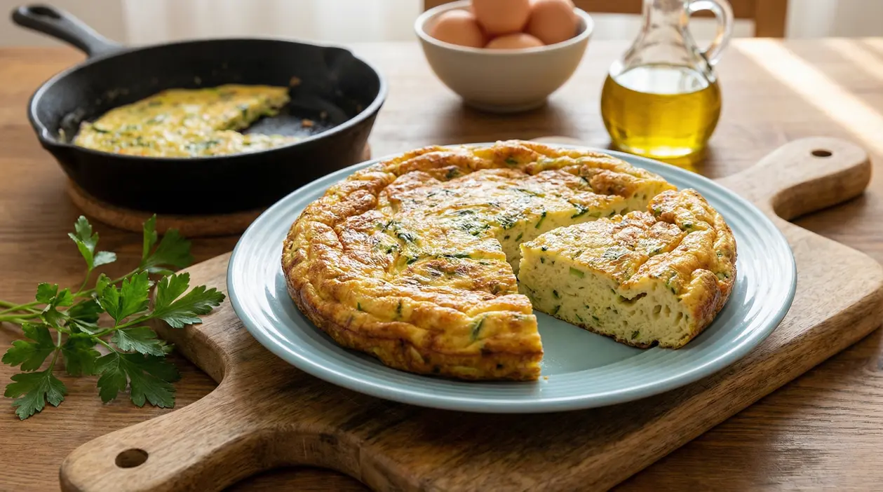 Frittata alta e soffice con prezzemolo su un piatto, accanto a una padella e ingredienti freschi