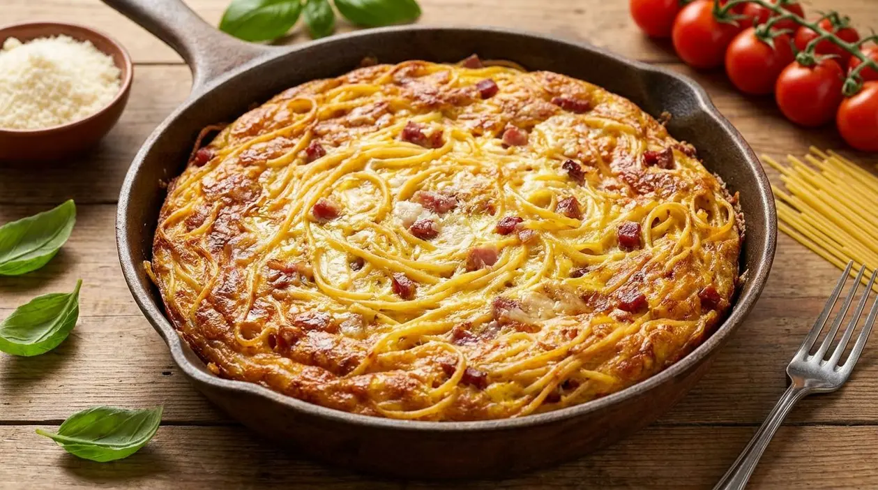 Frittata di spaghetti napoletana in padella con cubetti di salume e formaggio