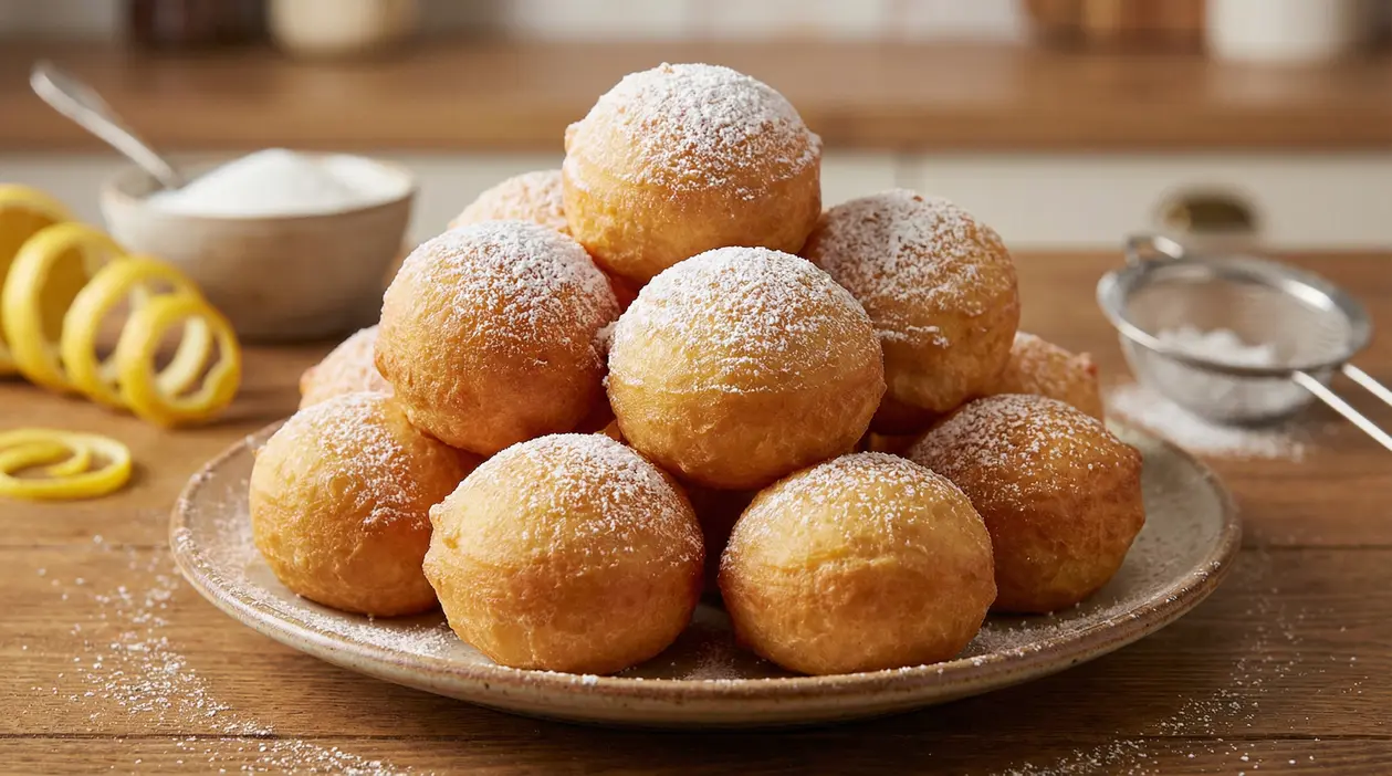 Piatto di frittelle di Carnevale gonfie e soffici, spolverate con zucchero a velo