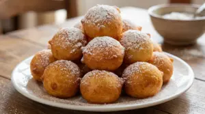 Piatto di frittelle di Carnevale gonfie e dorate, spolverate con zucchero a velo