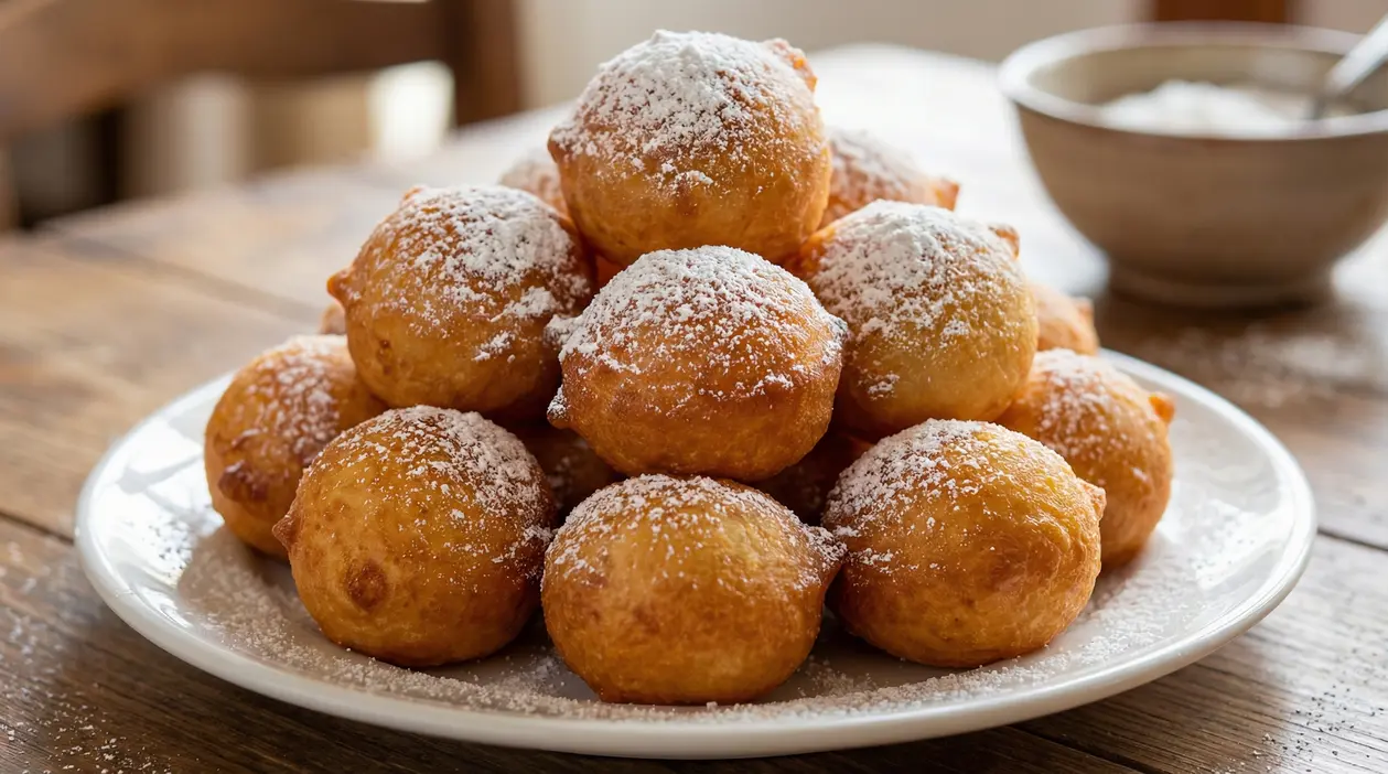 Piatto di frittelle di Carnevale gonfie e dorate, spolverate con zucchero a velo