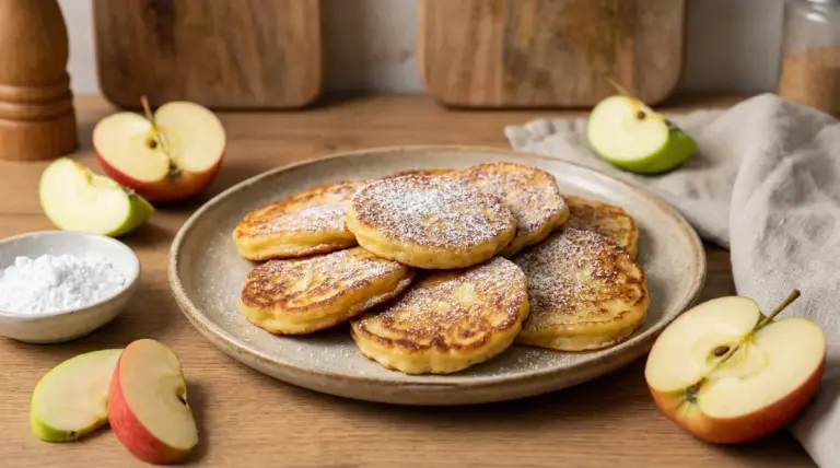 Frittelle di mele leggere non fritte servite su un piatto con fettine di mela e zucchero a velo