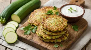 Frittelle di zucchine croccanti servite su un tagliere con fette di zucchina e salsa in ciotola