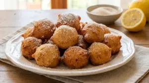 Frittelle dolci appena fritte e spolverate di zucchero su un piatto, con limone e ciotola di zucchero sullo sfondo