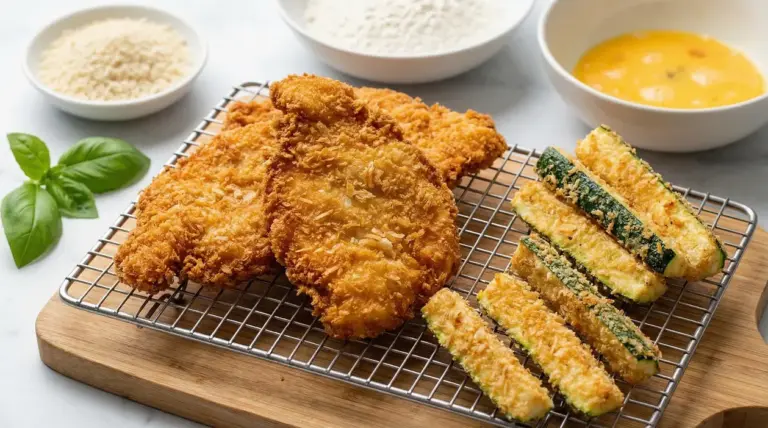 Pollo e zucchine impanati e fritti, dorati e croccanti, su griglia con ingredienti per la doppia panatura