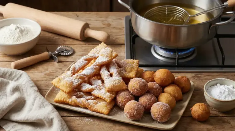 Chiacchiere e castagnole fritte disposte su un piatto accanto a una pentola con olio caldo