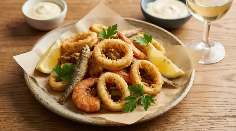 Piatto di frittura di pesce con calamari, gamberi e alici, servito con limone su tavolo di legno