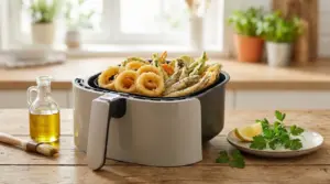Frittura mista croccante preparata in una friggitrice ad aria su un tavolo da cucina