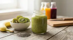 Frullato verde in barattolo accanto a kiwi, banana e semi di chia su un tavolo di legno