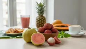 Frutta esotica come litchi, guava, ananas e papaya disposta su un tavolo con bevande e snack
