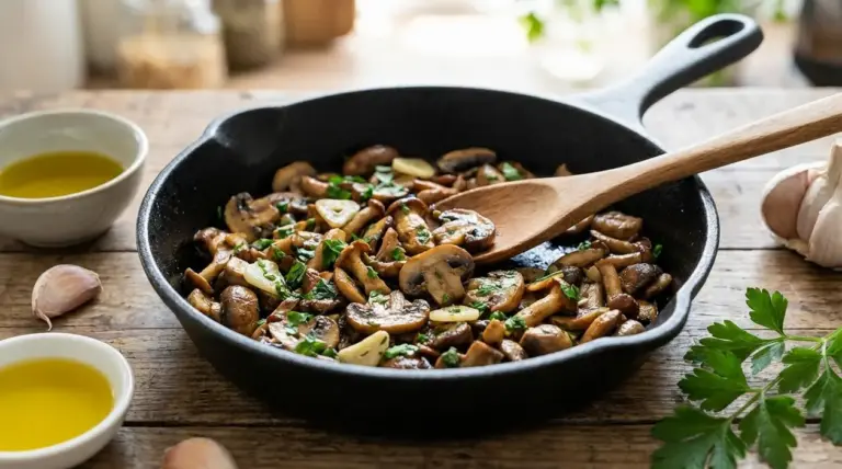 Padella con funghi trifolati, aglio e prezzemolo su tavolo rustico