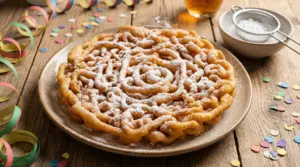 Funnel cake di Carnevale spolverato di zucchero a velo su un piatto di ceramica