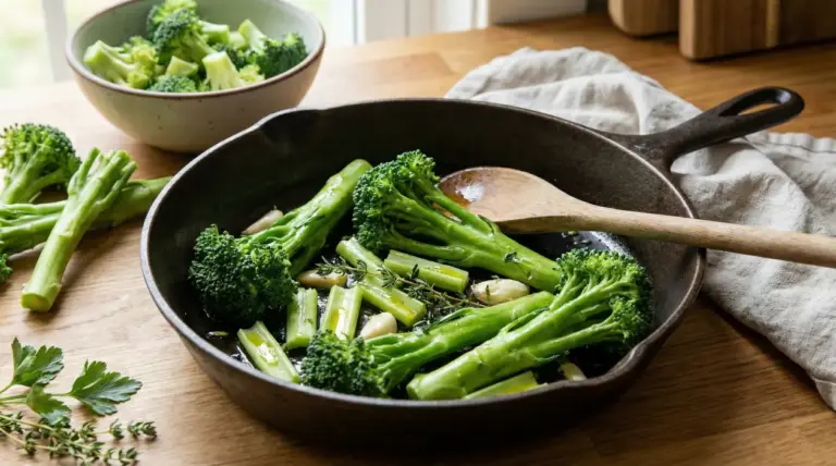 Gambi di broccoli cucinati in padella con aglio e erbe aromatiche