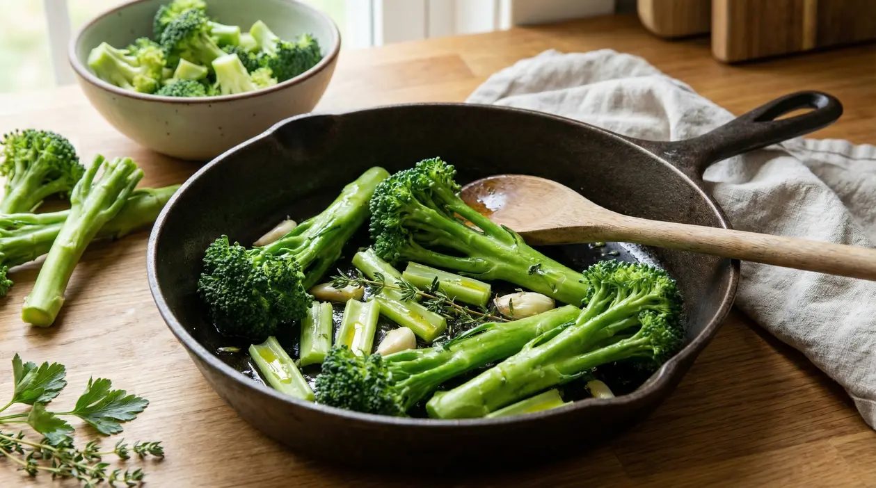 Gambi di broccoli cucinati in padella con aglio e erbe aromatiche