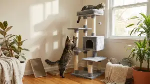 Due gatti giocano su un tiragraffi grigio vicino a una finestra in un soggiorno luminoso.