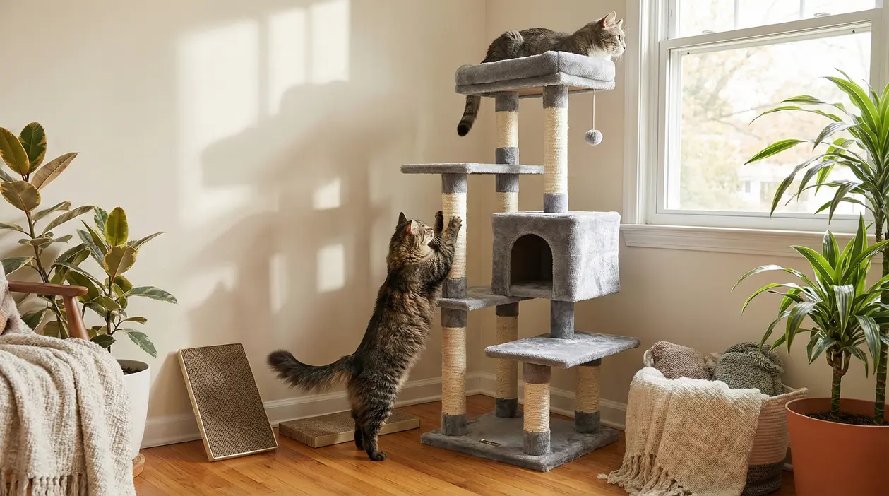 Due gatti giocano su un tiragraffi grigio vicino a una finestra in un soggiorno luminoso.