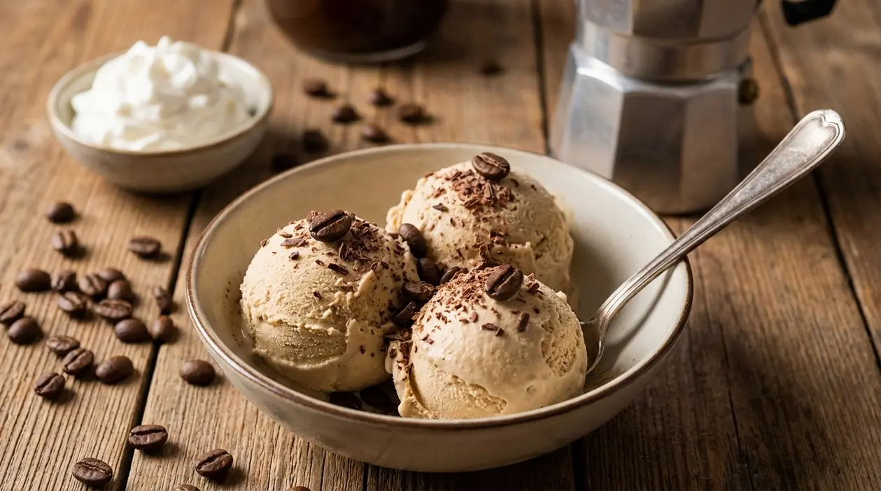 Ciotola con tre palline di gelato al caffè con chicchi e scaglie di cioccolato su tavolo di legno