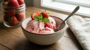 Coppa di gelato alla fragola con fragole fresche e menta su tavolo di legno