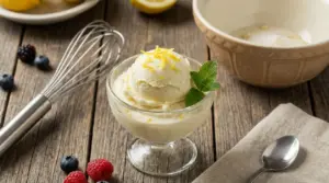 Coppa di gelato fatto in casa al limone, servito su tavolo rustico con frusta, frutti di bosco e menta